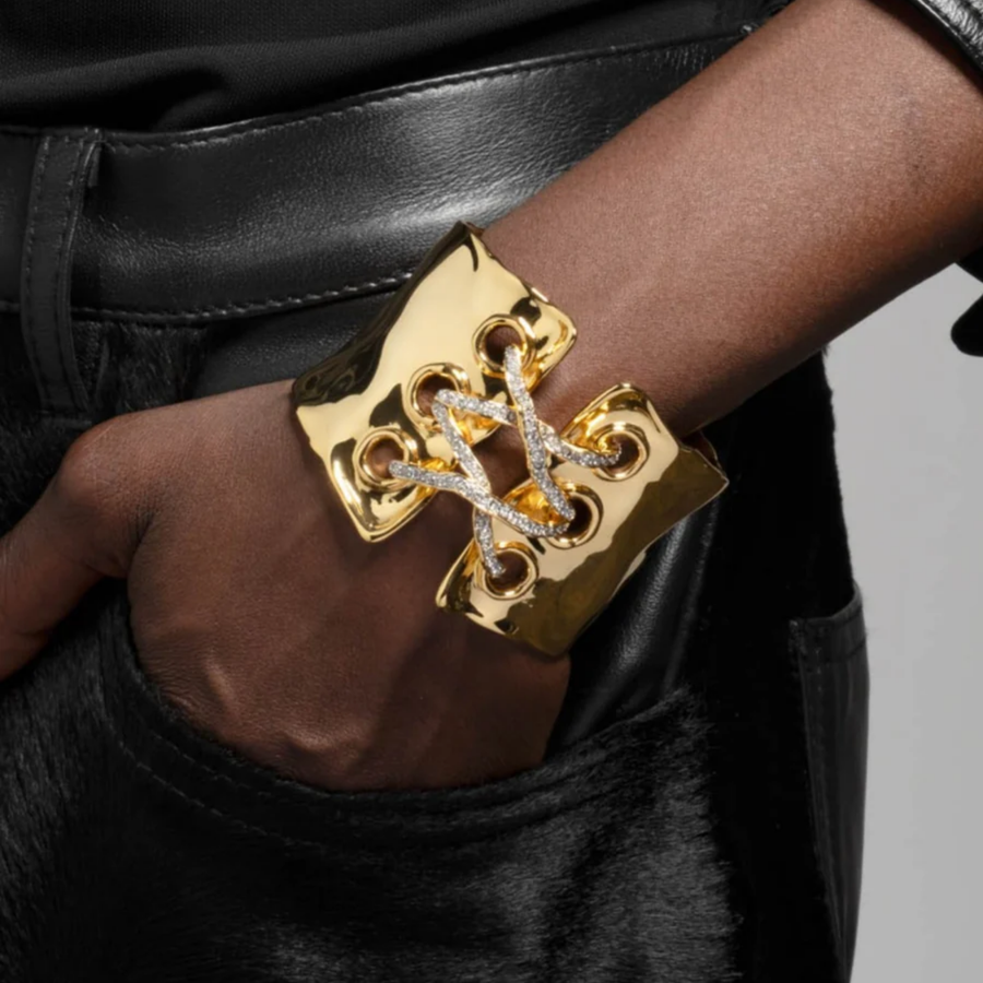 Solanales Gold Crystal Lace Up Cuff Bracelet