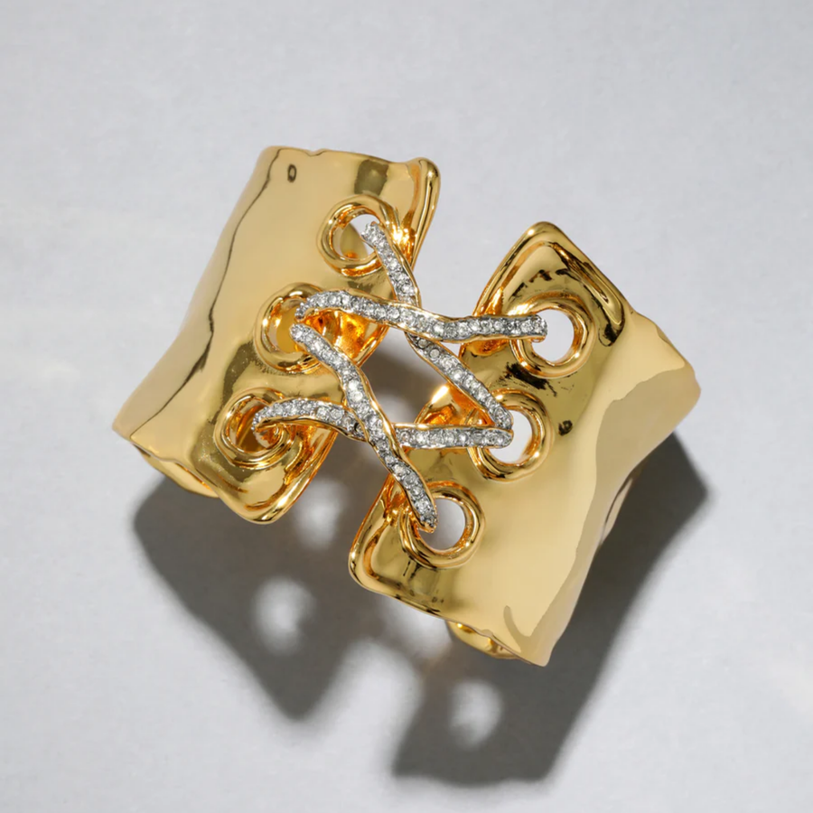 Solanales Gold Crystal Lace Up Cuff Bracelet