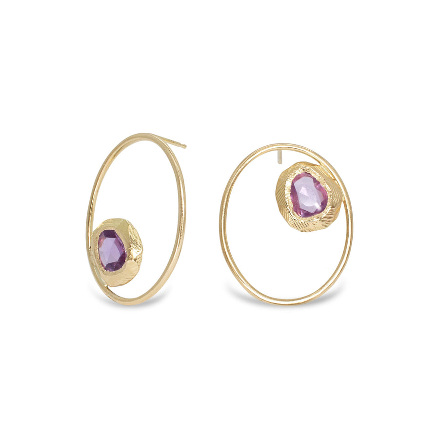 18K gold  Large Open Oval  Pink Sapphire Post Earrings