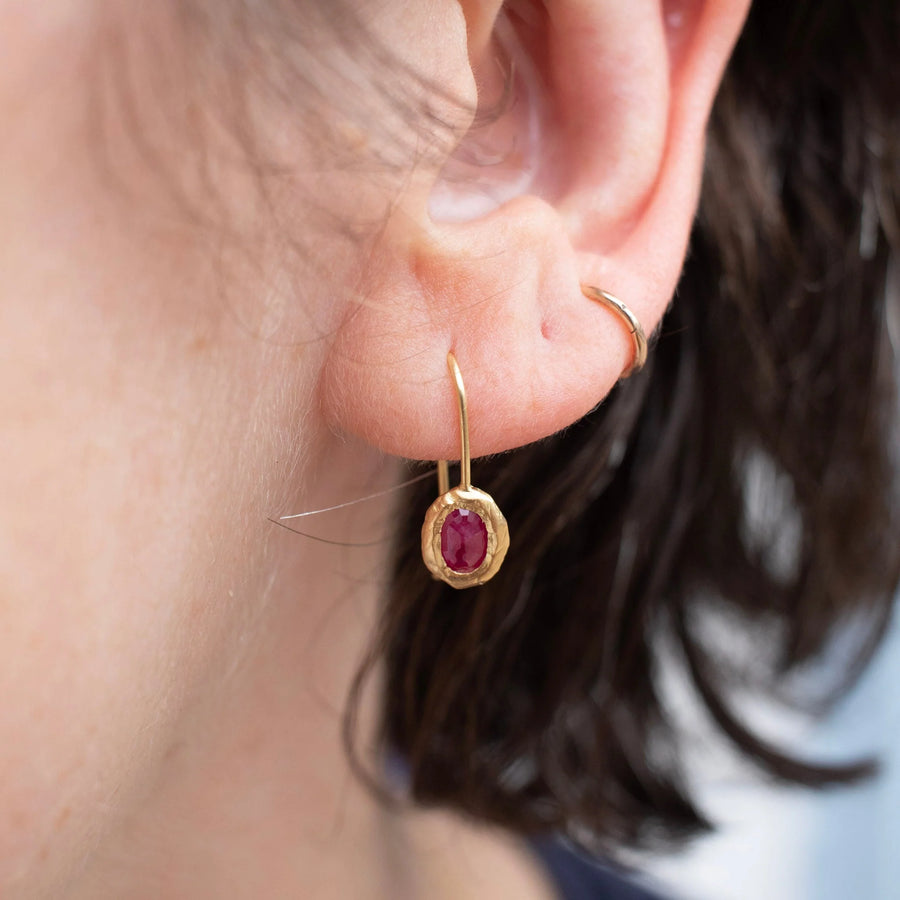 18k gold Oval Fixed Ruby Hook Earrings