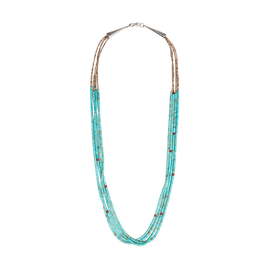4 STRAND MORENCI TURQUOISE W RED BEAD
