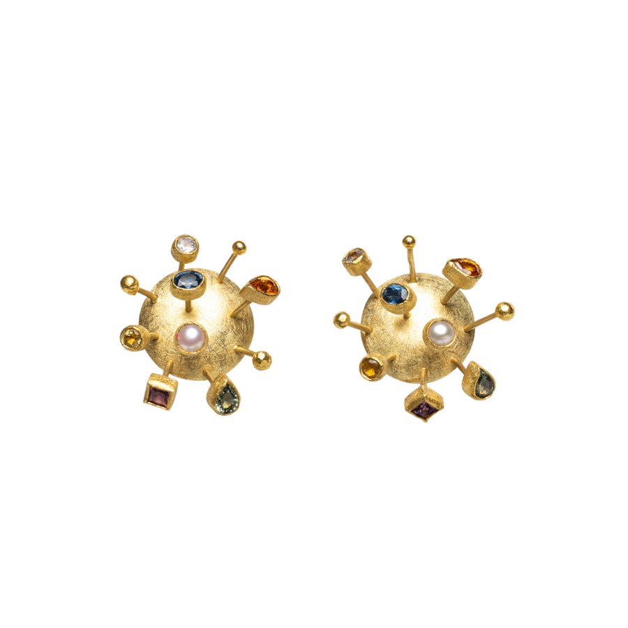 MIXED MULTI-STONE RAINBOW GEM BURST EARRINGS - 22K GOLD