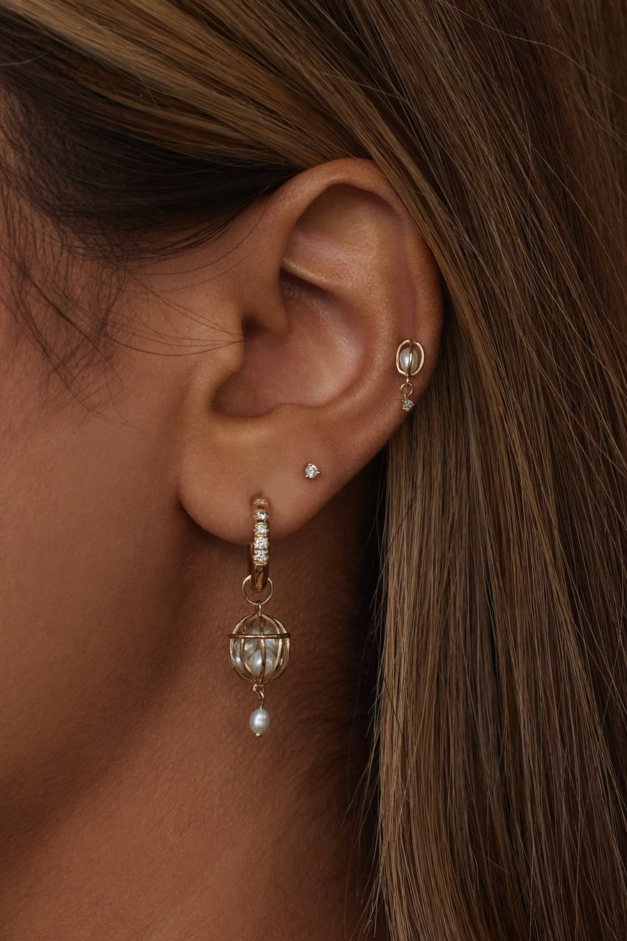 14k gold Universe Diamond & Pearl  Earrings