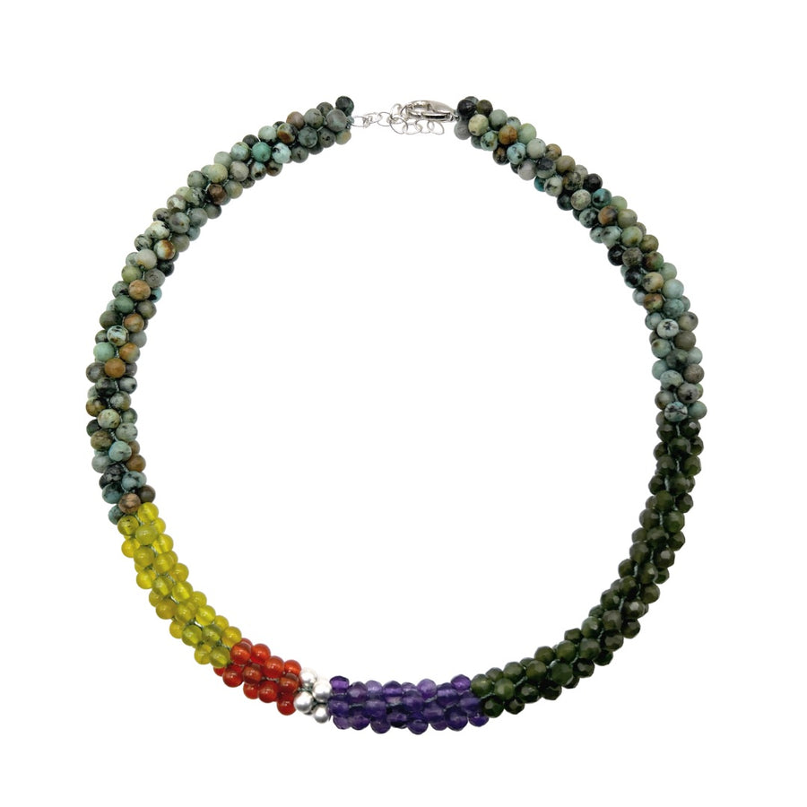 Beaded Gemstone Choker: African Turquoise, Jade, Silver Color Block