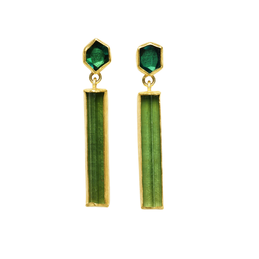 FACETED TOURMALINE HEX-POST WITH DANGLE EARRING - 22K GOLD