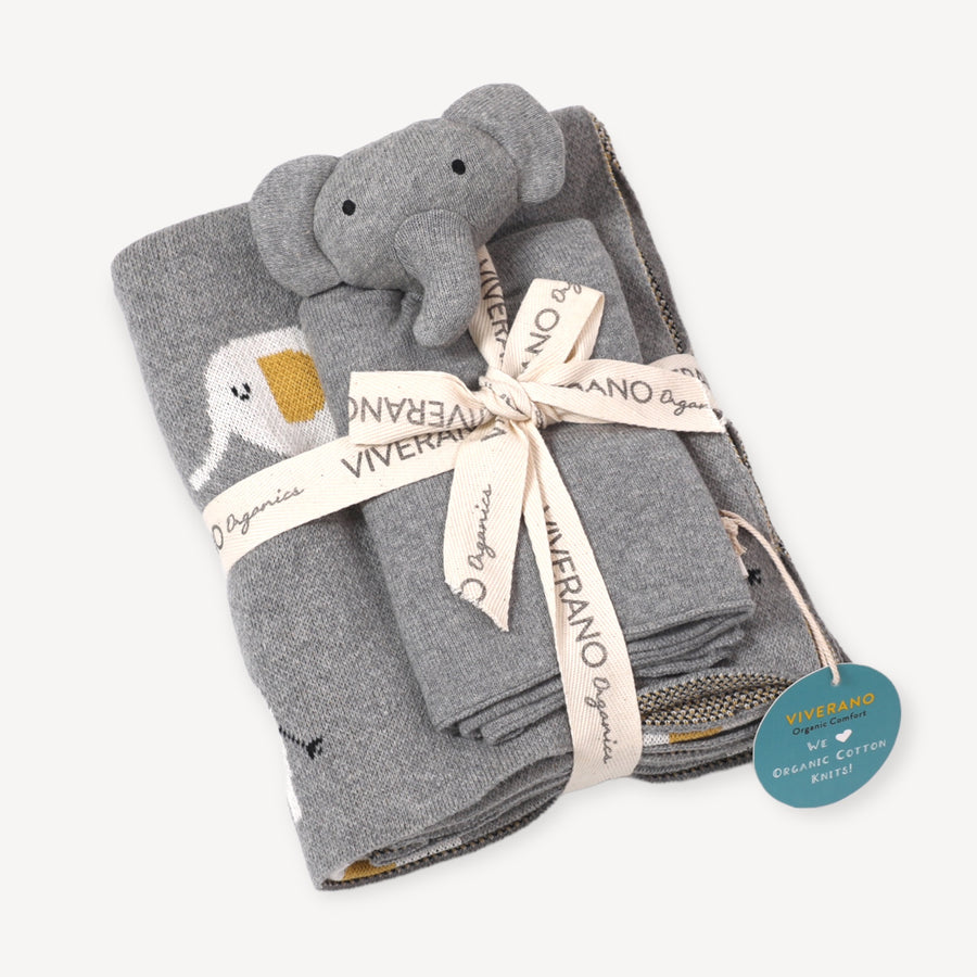 Elephant Jacquard Knit Baby Blanket & Gift Set
