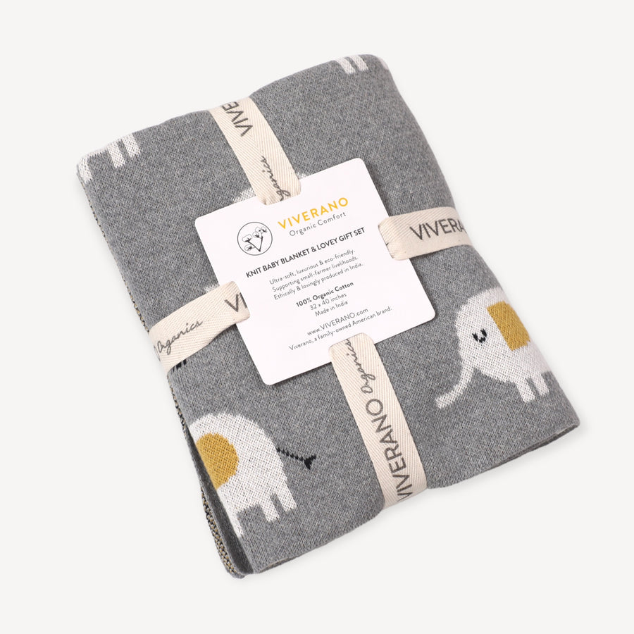 Elephant Jacquard Knit Baby Blanket & Gift Set