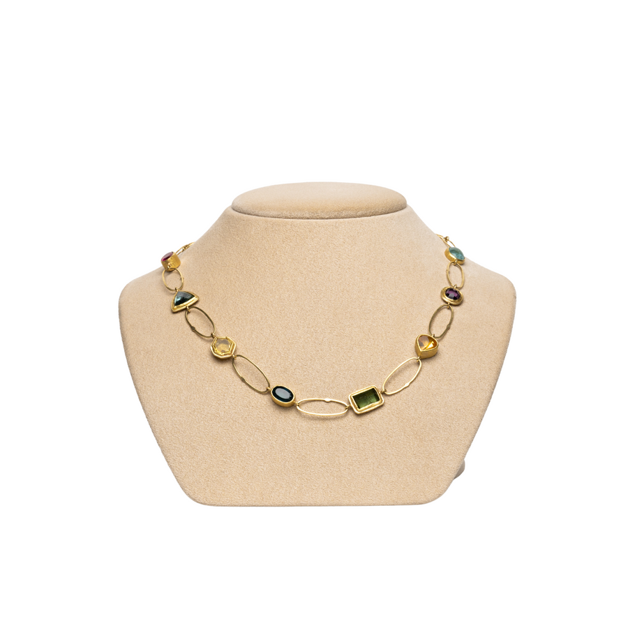 MIXED MULTI-STONE RAINBOW GEM NECKLACE - 22K GOLD