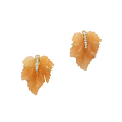 Small Carved Peach Aventurine Leaf with Cubic Zirconia Stud Earrings