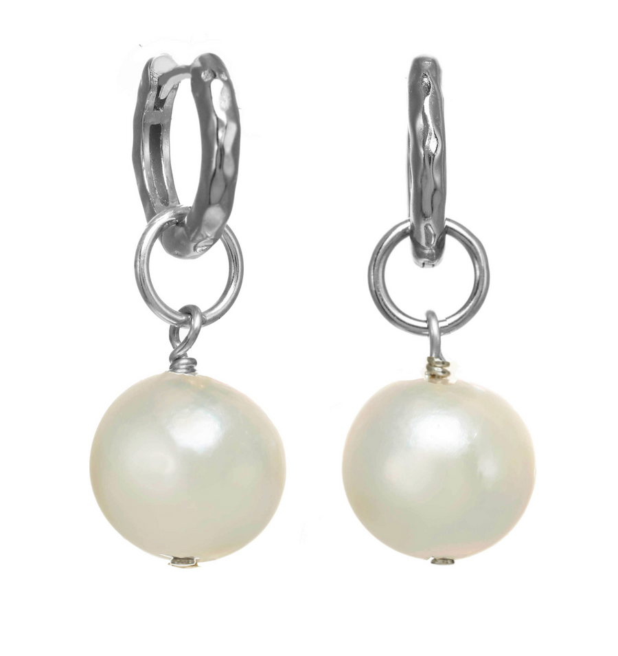 Sterling Silver Huggies with Small White Freshwater Pearl Dangle