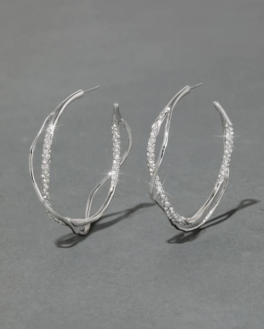 Intertwined Two Tone Pave Hoop Earring - Silver