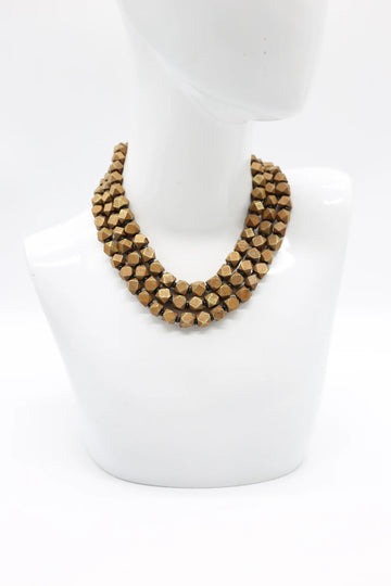 Single strand small diamond shape wooden beads necklace - Gold