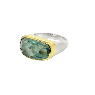Large Green Amethyst Stone Silver and Gold  Ring