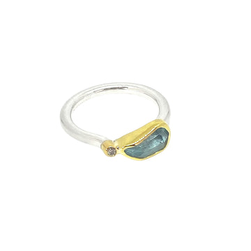 Aquamarine Diamond Silver and Gold Ring