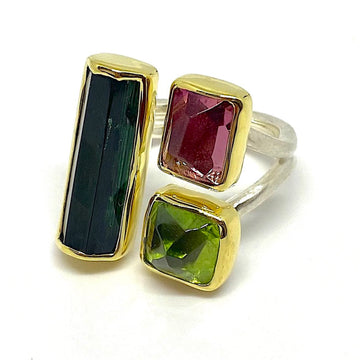 Green and Pink Tourmaline and Peridot Ring