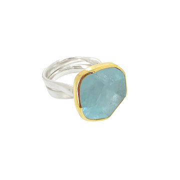 Large Stone Aquamarine Silver and Gold Statement Ring