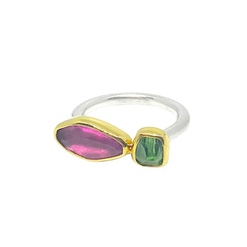 Red & Green Tourmaline Silver and Gold Ring