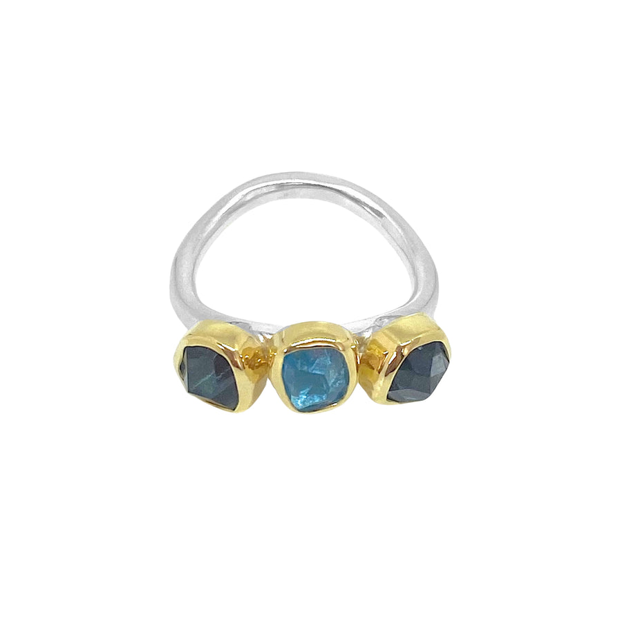 Triple London Blue Topaz Silver and Gold Ring - Size 7