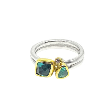 Green Touraline and Diamond Silver and Gold Ring