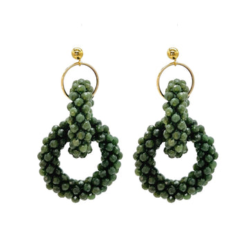 Beaded Gemstone Earrings: Double Green Jade Rings 14KGF