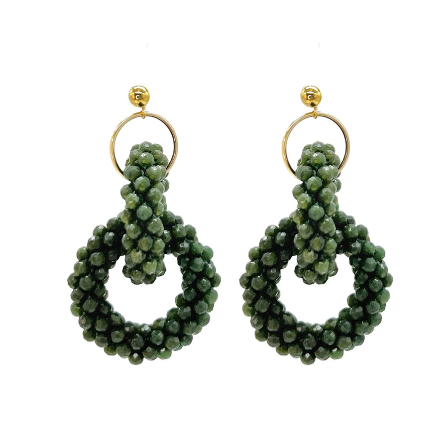 Beaded Gemstone Earrings: Double Green Jade Rings 14K Gold Filled