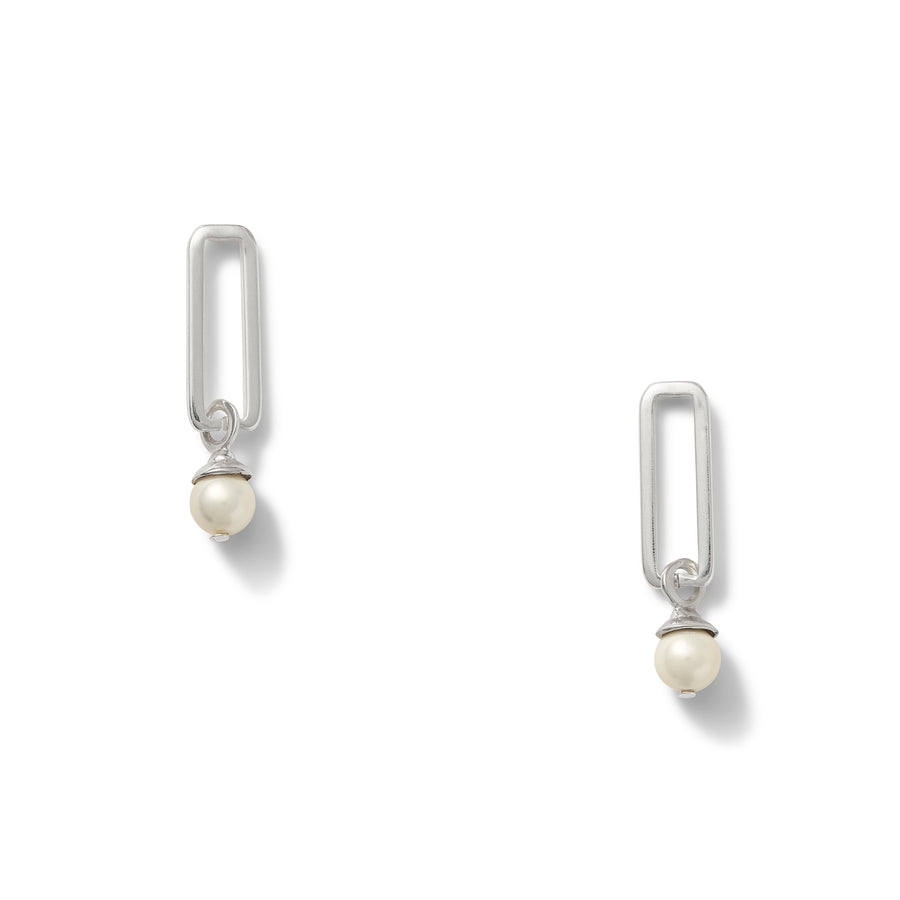 Box Link Earrings with Pearl Drop - Sterling Silver