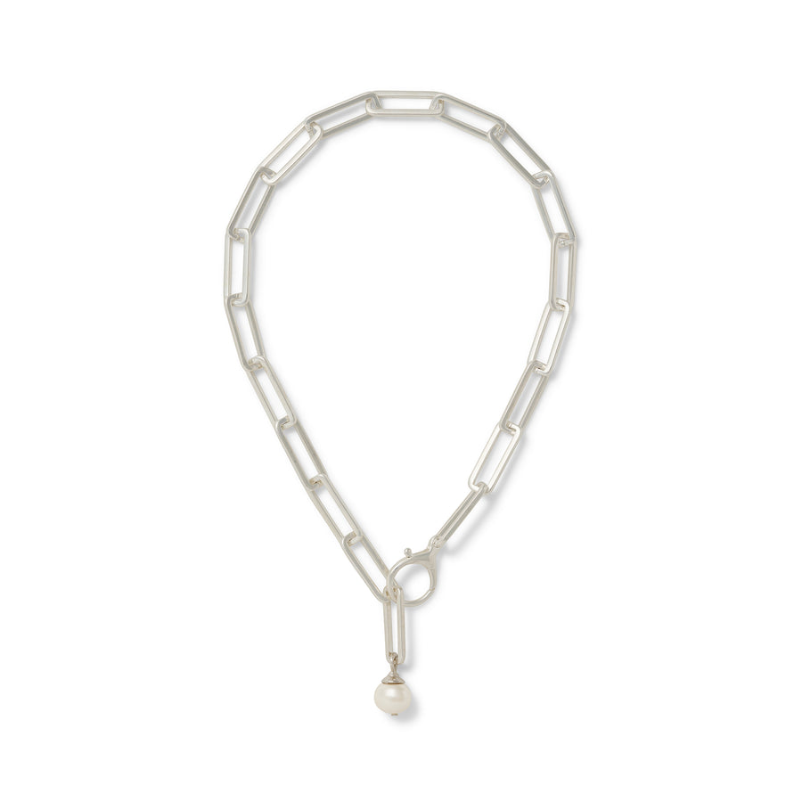 Box Link Pearl Pendant Necklace - Sterling Silver