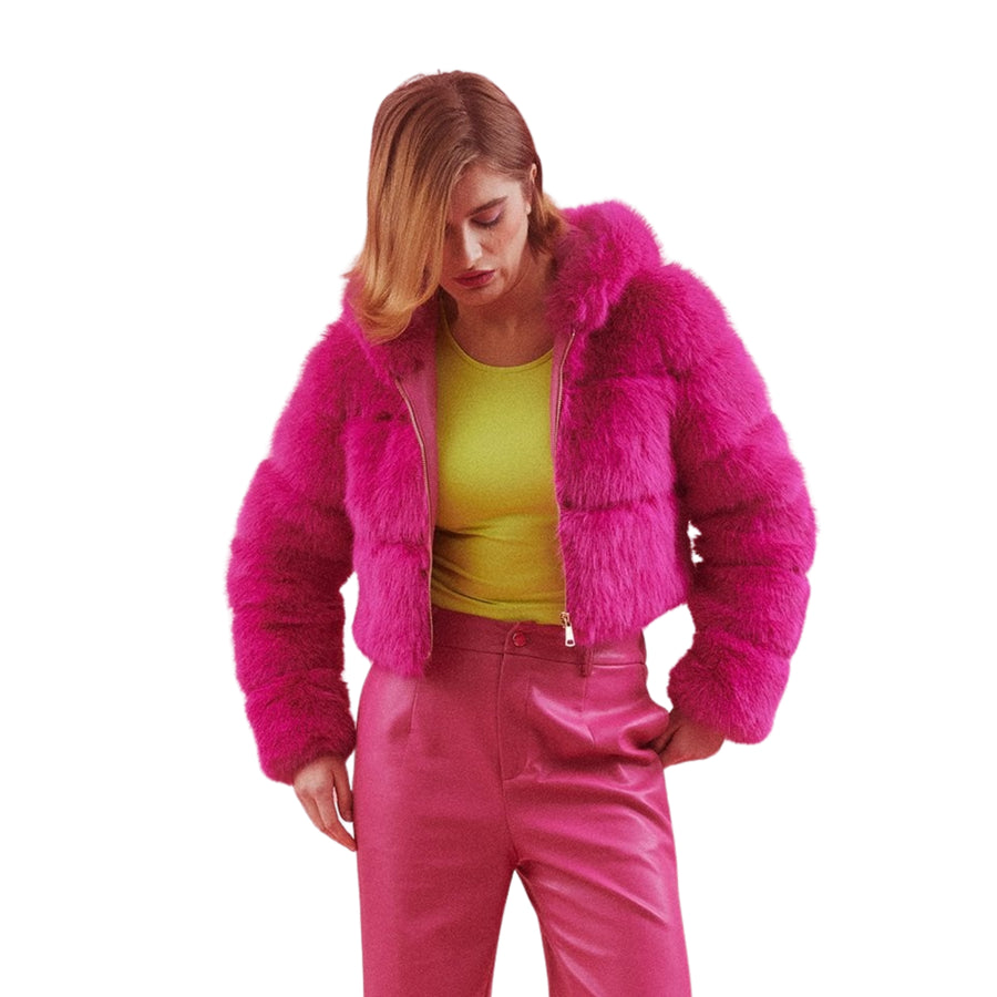 Pink Handmade Bamboo Lyocell Faux Fur Hoodie Jacket - S/M