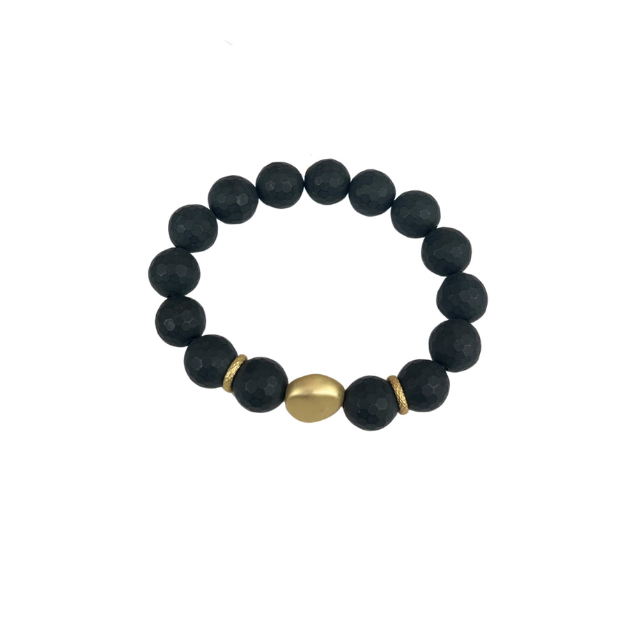 Black Onyx Stretch Bracelet With Matte Gold Nugget