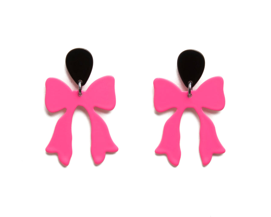 PINK BOW DANGLE EARRINGS WITH BLACK TOP