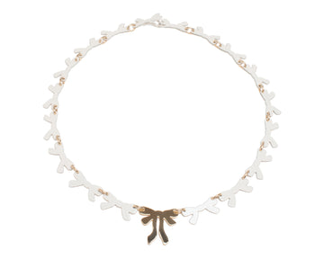 WHITE BOWS WITH GOLD RIBBON BOW CHAIN NECKLACE