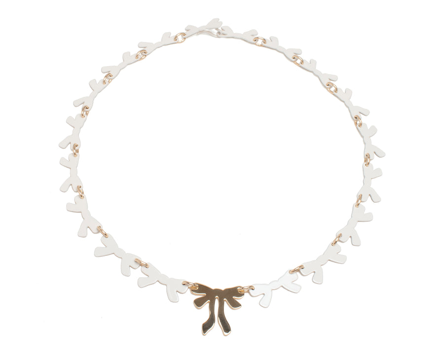 WHITE BOWS WITH GOLD RIBBON BOW CHAIN NECKLACE