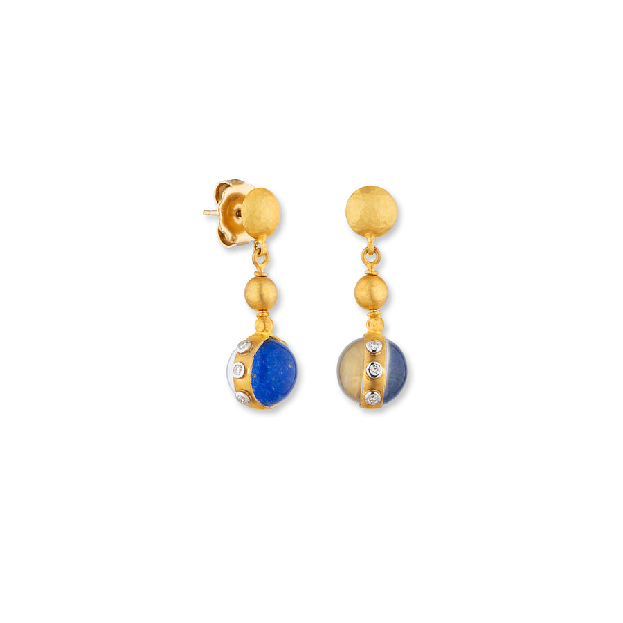 DAY-N-NIGHT GOLD TRIPLET EARRINGS - Blue Lapis and Crystal Quartz