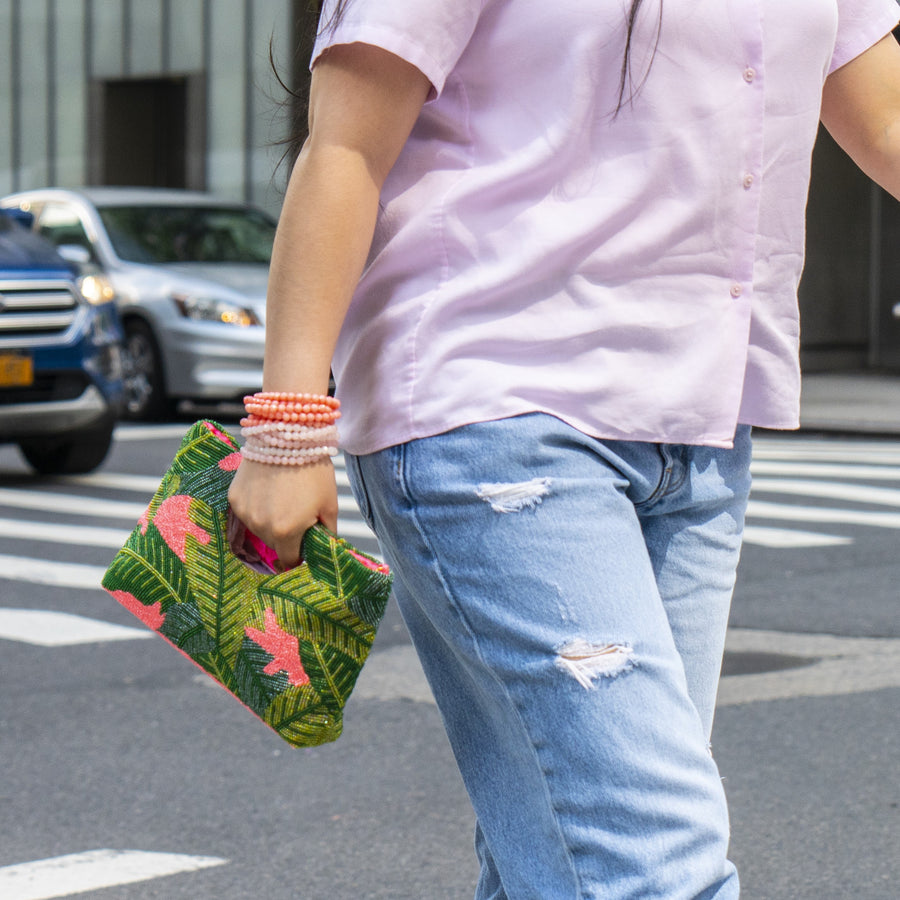 BEADED BAG- HOT PINK BANANA LEAFS