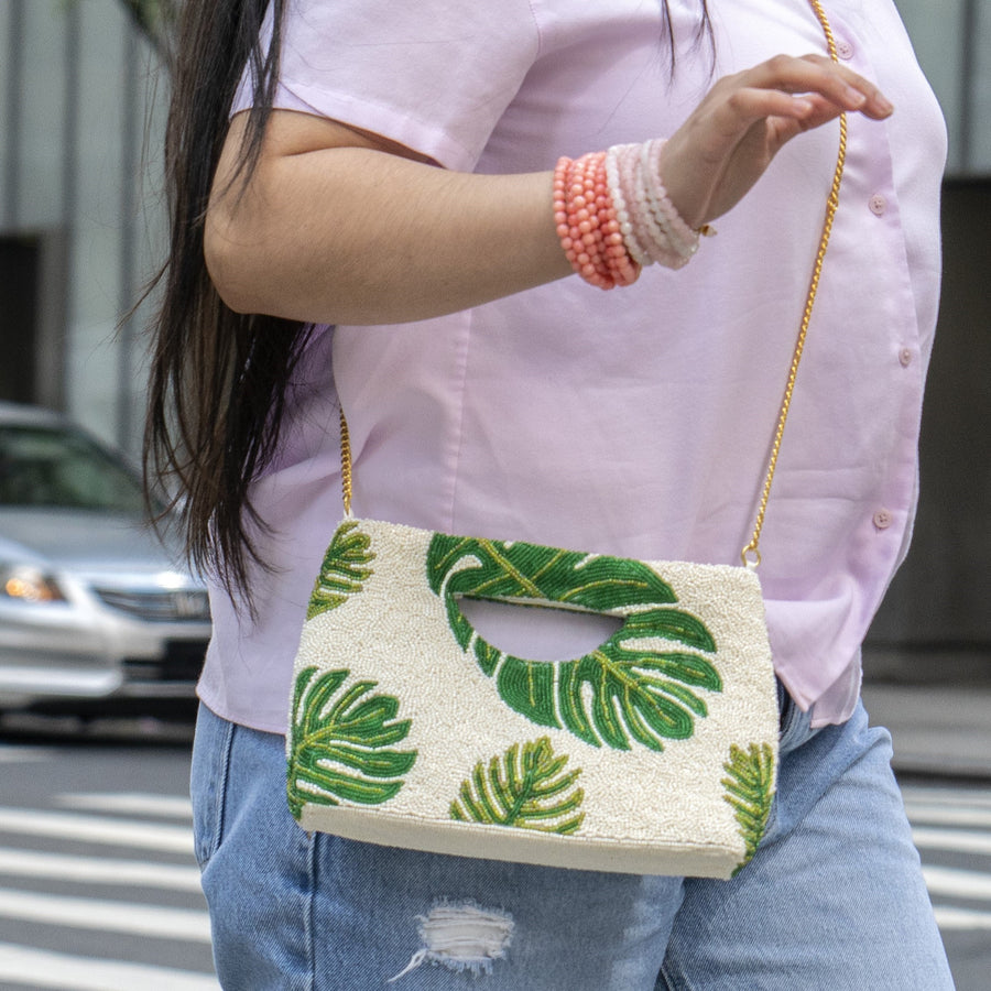 BEADED BAG- IVORY MONSTERA LEAVES