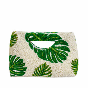 BEADED BAG- IVORY MONSTERA LEAVES