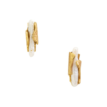 Brass Wrap Pearl Stud Earrings