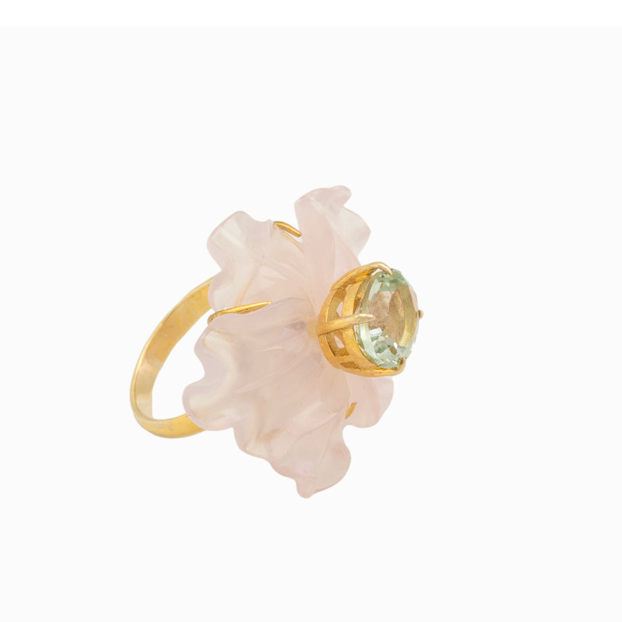 Carved Rose Quartz Flower With Green Amethyst Ring - Size 7