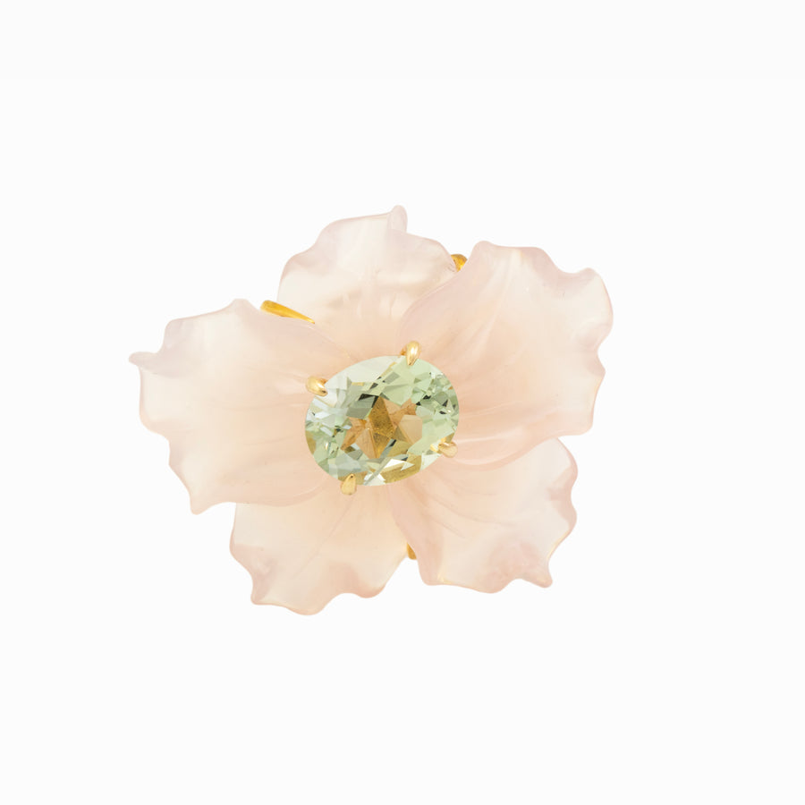 Carved Rose Quartz Flower With Green Amethyst Ring - Size 7