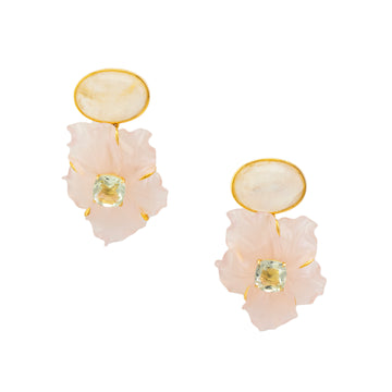 Oval Rainbow Moonstone/Carved Rose Quartz/Green Amethyst Drop Earrings -GP