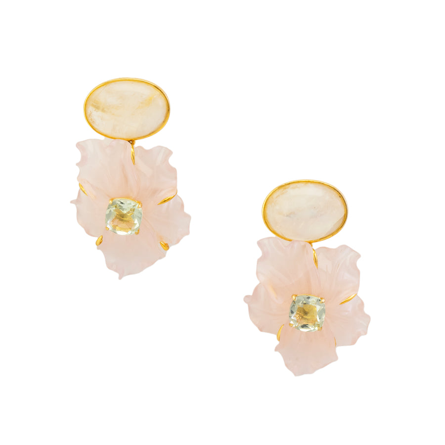 Oval Rainbow Moonstone/Carved Rose Quartz/Green Amethyst Drop Earrings -GP