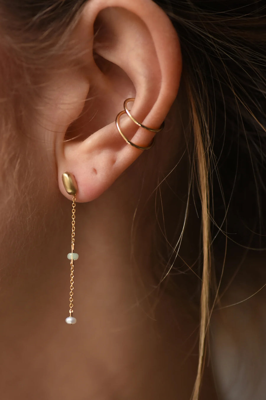 Brass & Opal Chain Stud Earrings