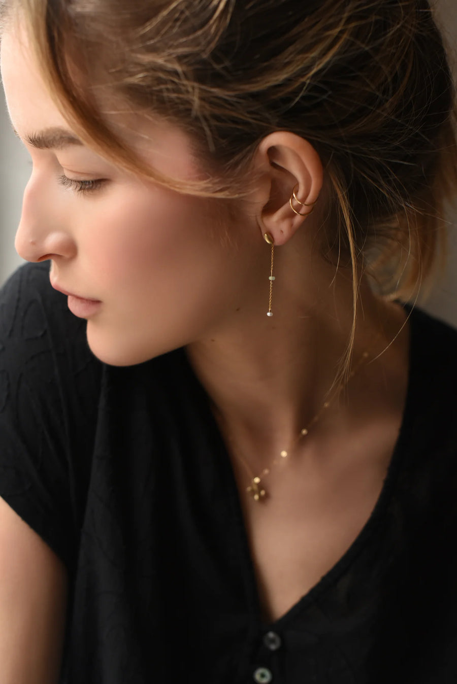 Brass & Opal Chain Stud Earrings