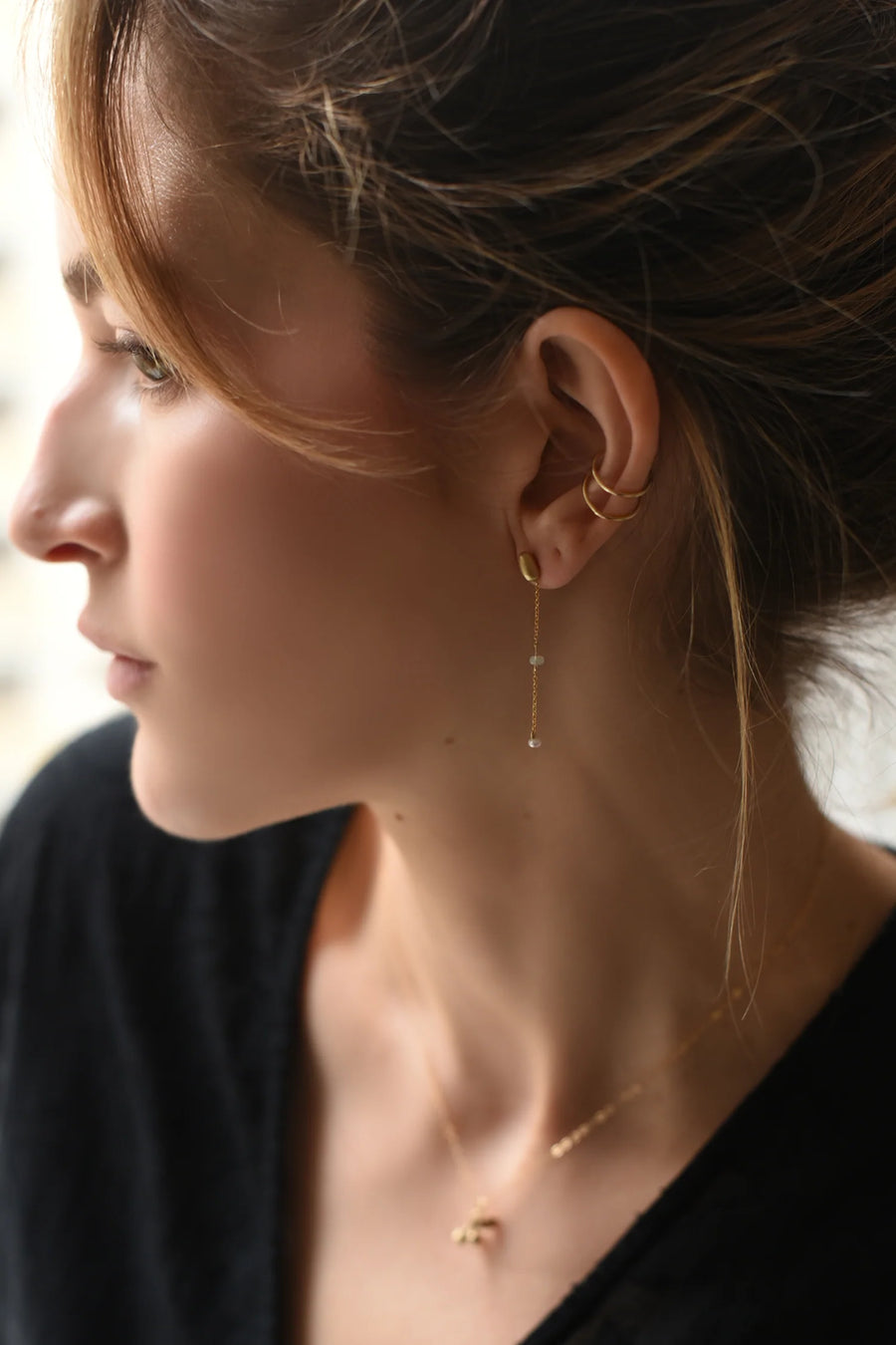 Brass & Opal Chain Stud Earrings