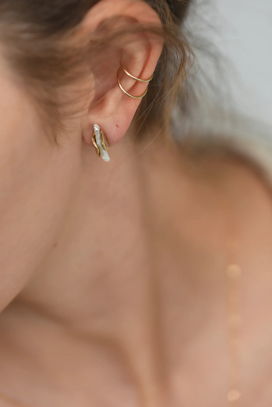 Brass Wrap Pearl Stud Earrings