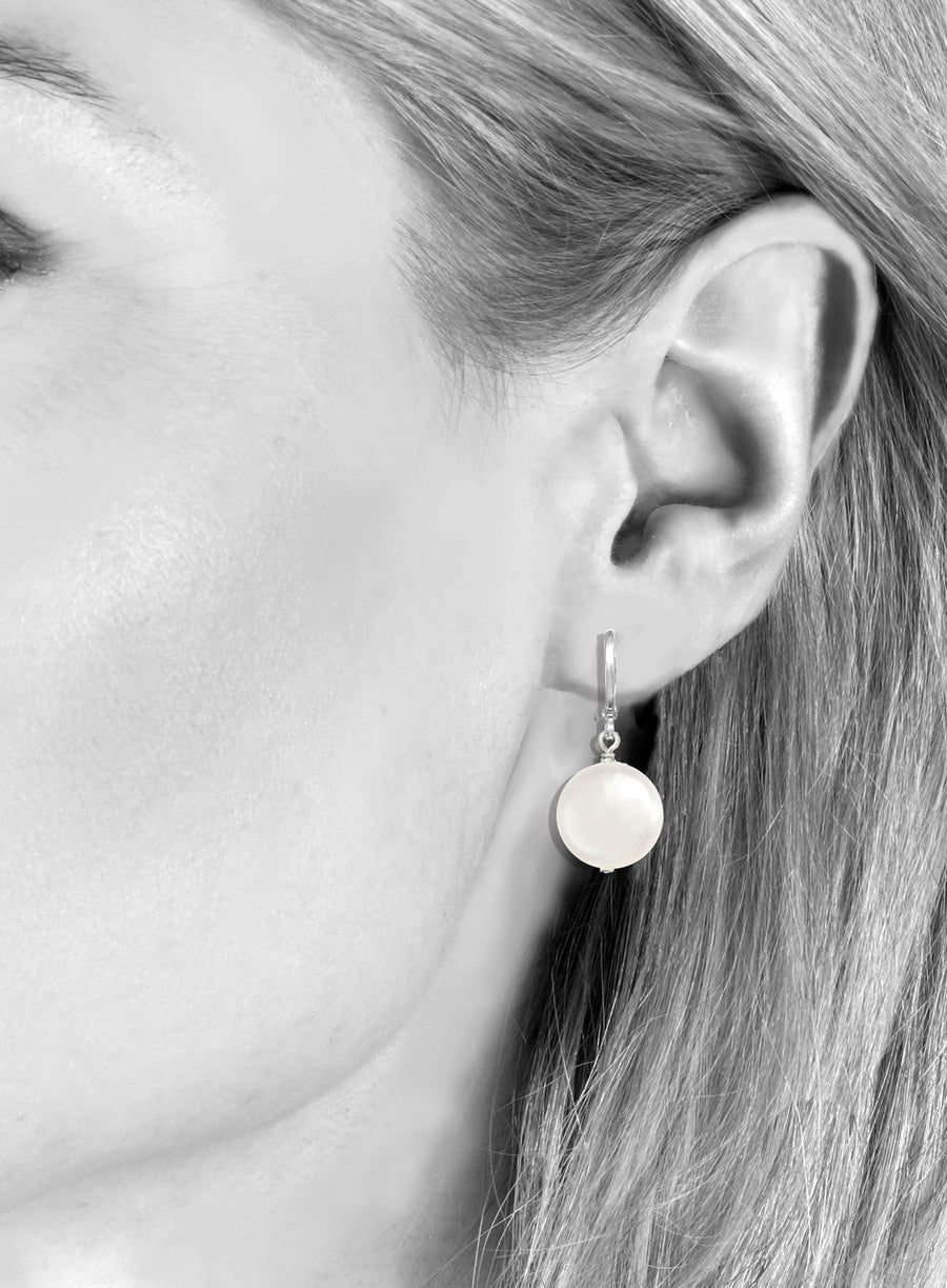 White Freshwater Coin Pearl Earrings - Sterling Silver