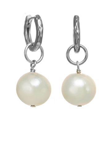 Sterling Silver Huggies with Small White Freshwater Pearl Dangle