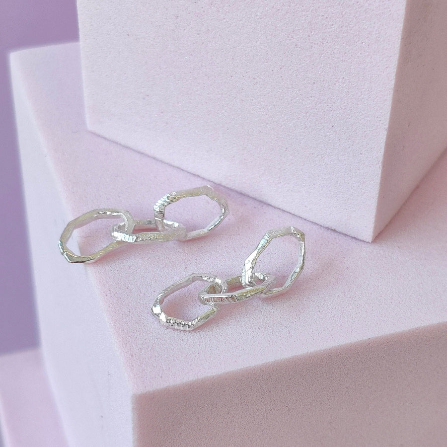 Silver Triple Drop Paperclip Links Post Earrings