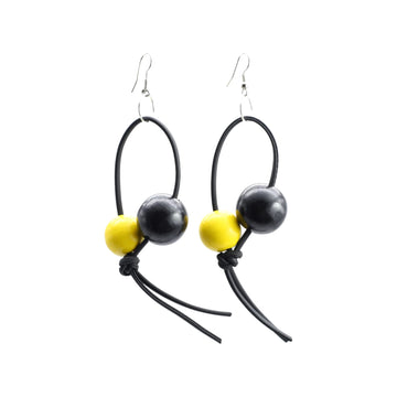 Round Beads on Leatherette Loop Earrings - Black and yellow