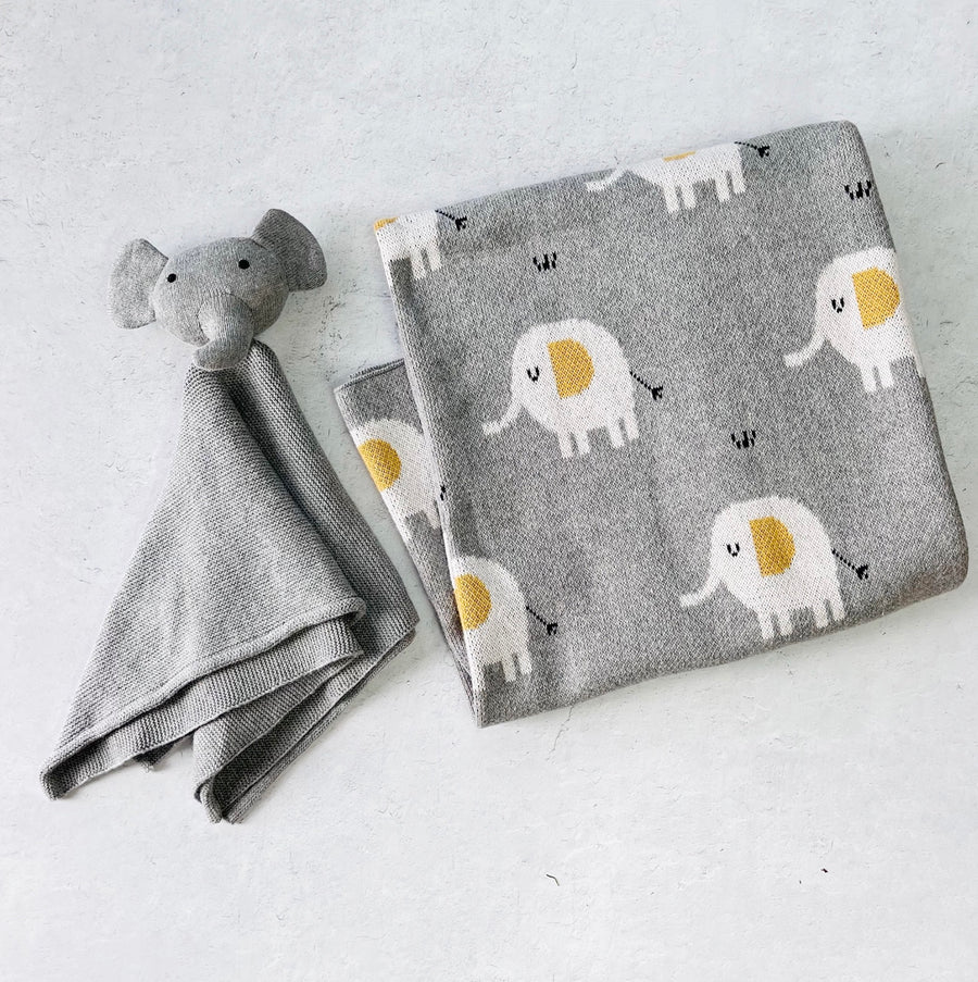 Elephant Jacquard Knit Baby Blanket & Gift Set